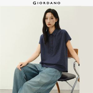 GIORDANO Women Shirts Striped Cap Sleeve Loose Shirts Classic Collar Half Placket Fashionable Casual Shirts 18346220