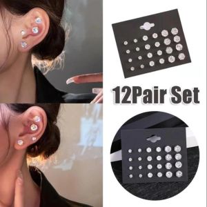 12 Pair/set White Cubic Zirconia Earrings Men Women Stainless Steel Round Zircon Stud Earrings