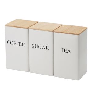 Coffee Tea Sugar Canister with Bamboo Lid Kitchen Organizer Countertop Food Container Tin Can Kitchen Canister