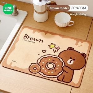 LINE FRIENDS Brown Drying Mat Quick-dry Absorbent Diatom Mud PU Leather Countertop Protector LFB13