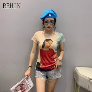 REHIN Womens top new summer fashion unique patter print short-sleeved T-shirt S-3XL slim fit round collar cotton blouse