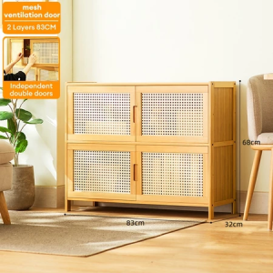 Bamboo Storage Cabinet With Rattan Door Bookcases Dustproof Cabinet Lockers Shoe Rack Double Door Design Large Capacity