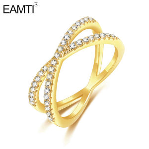 EAMTI Cubic Zirconia CZ Gold Wedding Band 925 Sterling Silver X Cross Ring for Women Size 4-10