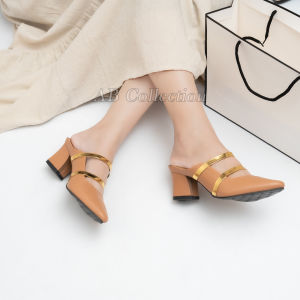 Mules Wanita / Hak 5 cm / Sepatu Sandal Wanita / Heels Wanita Elegan Formal Tali Gold | Sepatu Hak Tahu Pointed AB Collection