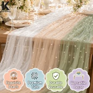 White Pearl Chiffon Sheer Table Runner Lightweight Gauze Mesh For Wedding Birthday Party Decor