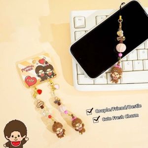 NOVELLEO แบบญี่ปุ่น แหวนกุญแจขนาดเล็ก ของตกแต่ง เรซิน จี้เม็ดธัญพืชน่ารัก Monkiki น่ารัก หัวใจ พวงกุญแจคู่การ์ตูน คีย์รถยนต์