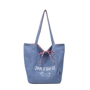 REEBO Cloth Double Sided Plaid Bag Korean Style Cartoon Dog Bohemian Messenger Bag Casual Handbag Denim Shoulder Bag Women