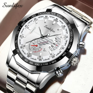 Sunlifex Jam Tangan Pria Calendar Bercahaya Dewasa Original Tali Stainless Steel Jam Tangan Cowok