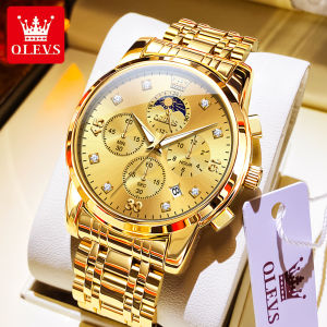 OLEVS Watch Men Original Fashion Luxury Diamond Dial Waterproof Luminous Multi-function Timing Sun and Moon Phase Calendar Stainless Steel Quartz Mens Watch