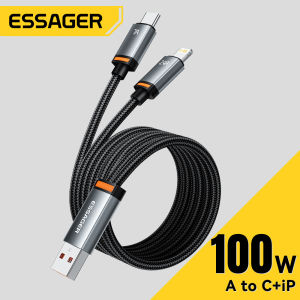 Essager 2-in-1 7A 100W USB A to Type C+Lightning Cable Car Long Wires For iPhone16 15 14-6 Series HuaweiMate70 Samsung Xiaomi15 Realme Mobile Phone Tablet Laptop USBA to Type-C+Type-C Fast Charge Cables A-C+C A-C+L Car Fast Charging Long Data Wire Cord