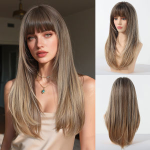 EASIHAIR Phụ nữ Tóc giả tổng hợp Dài màu nâu Ombre Tóc vàng nhiều lớp Tóc giả thẳng với mái bằng rèm Tóc tự nhiên để sử dụng hàng ngày2026