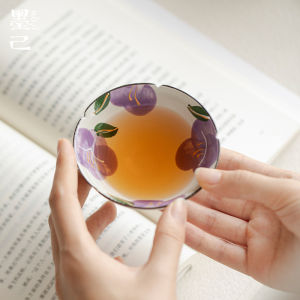 墨己日式粗陶手绘山茶花主人杯陶瓷茶杯功夫茶具家用花口杯普洱杯