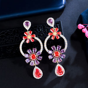 SEQUITO Trang Sức Tai Đêm Dạ Hội Lấp Lánh Hoa Màu Tím Đỏ Cubic Zirconia Vàng Dài Thả Nước Hoa Tai Bohemian Cho Nữ Với Chốt Tai Bạc 925 SE595