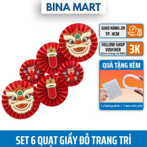 Set 6 Quạt giấy đỏ party fan trang trí tết lễ hội đám cưới bộ 6 quạt giấy treo tường cao cấp set trang trí tết nguyên đán - BINA MART