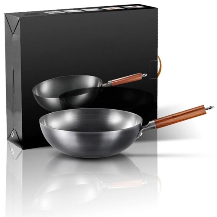 Uncoated Wok No Chemical Carbon Steel Wok Pan Wooden Handle Electric