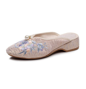[Free Shipping] Plus-Size WomenS Summer Slippers With Low Wedge Heel Thick Sole Embroidered Floral Design Pointed Toe And Stylish Beaded Details