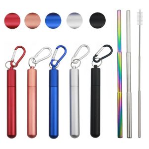 KECTTIO Foldable Reusable Collapsible Straw Portable Stainless Steel Metal Straw Long with Cleaning Brush Drinking Straw Set Travel