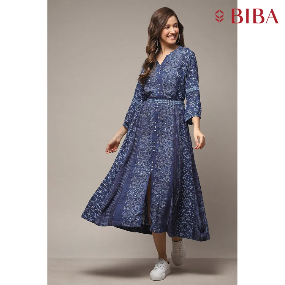 Ethnic Wear Biba Wrap Dress BIBA Ethnic Indian Wear Women's Indigo Rayon  3/4 Sleeve A-