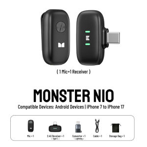 Monster N10Pro Wireless Lavalier Microphone ANC+ENC Mini Mic for phone Live Vlogging Microphone Video Recoding Interview
