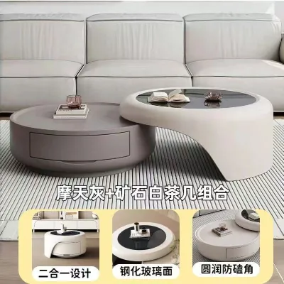 CraftedLiving SG-New Product Hot Sale Cream Solid Wood Coffee Table|Elegant Design|E1 Grade Environmental Protection|Retractable Storage|Premium Round Desktop|Office Small Apartment Home Living Room