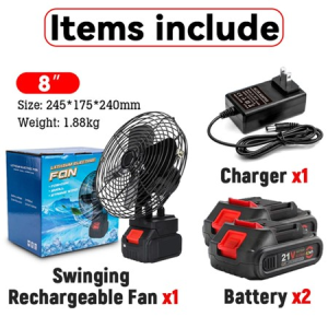 8 Inch Cordless Electric Rechargeable Fan Portable Lio-ion Battery Rechargeble Fan Strong Wind Force Cordless Rechargeable Electric Fan Large Capacity Battery  High Power Outdoor Desktop Cooling Fans Adjustable Cordless Fan for Makita Lithium Battery