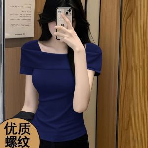 Ladies straight shoulder summer solid color new one shoulder slim fit and fashionable loose casual base T-shirt