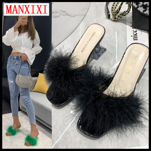 MANXIXI รองเท้าส้นสูงแฟชั่นสำหรับผู้หญิงรองเท้าแตะขนนกเซ็กซี่สวยงามขนาด2.36นิ้วไซส์36-43