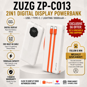ZUZG ZP-C013 2-in-1 Digital Display Powerbank USB Type-C Lightning 10000mAh with Digital Display Real-Time Battery Status 2-in-1 Built-in Cable 10000mAh Capacity 1 Month Warranty.