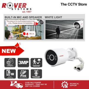 Rover Systems 3MP Dual Light Bullet PoE IP Security CCTV Camera with 30 meter IR range Built-in Mic and Speaker | Required NVR
