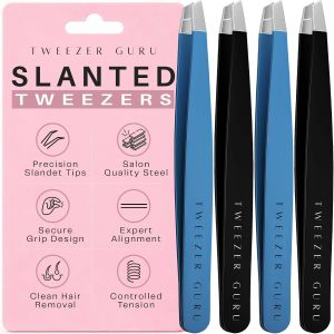 Tweezers Set - Tweezer Guru Stainless Steel Slant Tip Eyebrow Tweezers Set - Great Precision for Facial Hair Ingrown Hair Blackhead and Splinter Remover (4-Pack)