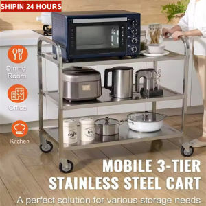 [SG Seller]Stainless Steel Trolley Kitchen Serving Kitchen Appliance Stainless Trolley With Lockable Wheels Food Serving Trolley Push Cart
