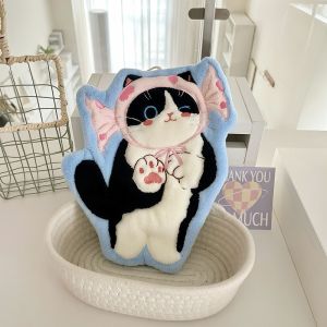 K11SEQ Cute Cat Hand Towel Soft Coral Fleece Toilet Handkerchief  Hanging Style Washcloth Kitchen