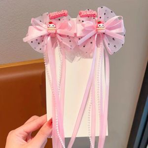 Fahion Cartoon Princess Mesh Bow Hair Clip for Kids Kuromi Ribbon Hair Clip Fashion Cute Girls Black Purple Color Kuromi Hair Accessories Girls Bow Hairpin Influencer Little Princess Streamer Back Headdress Children Hairpin
