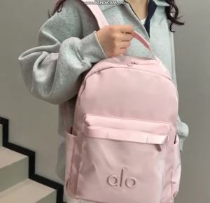 ALO Yoga Cream White Backpack Waterproof Matte Nylon Large Capacity Front Woven Tape Zipper Pocket Side Water Bottle Pocket Laptop Gym School Travel Backpack For Women