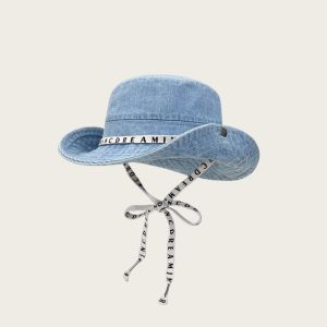 GENENIC Big Brimmed Denim Bucket Hat With Tie Belt Letter Jeans Fisherman Hat Retro Wide Wings Sunscreen Hat Women