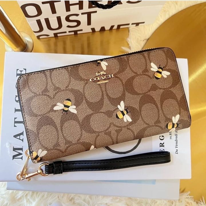 Coach Gold/Khaki Multi Tech In Signature Canvas with Bee popular Print Wallet