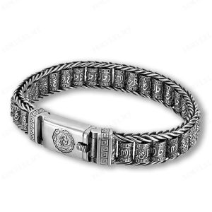 aomulei Classic SilverTone SixWord Mantra Bracelet for Men
