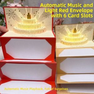 SIRENXI 6 khe cắm thẻ Thiệp chúc mừng bánh kem 3D nổi Được chiếu sáng Gấp lại Phong bì đỏ sinh nhật Thiệp Chúc Mừng với Ribbon Phong Bì Tiền May Mắn Tiệc sinh nhật