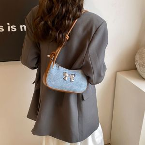 UAZGEO INS PU Bow Shoulder Bag Metal Chain Large Capacity Armpit Bag Retro PU Leather Bowknot Crossbody Bag Girls