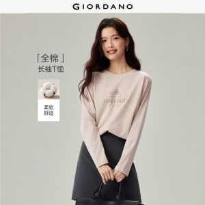Giordano Beau Monde Women Minimalist line art print long sleeve cotton tee Free Shipping 13396797