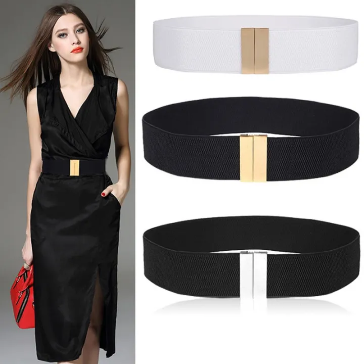 SUOSDEY Wide Elastic Belt for Women, Stretch Cinch Waist Belt for Ladies  Dresses with Metal Buckle,black belt with gold buckle at  Women's  Clothing store