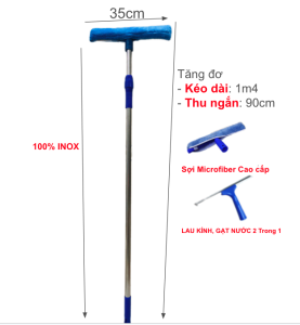 Bộ Cây Lau Kính Gạt Nước Kiếng Dài  1m4 Đầu 3 Trong 1 TAY CẦM INOX Loại Tốt sợi Microfiber Cao cấp