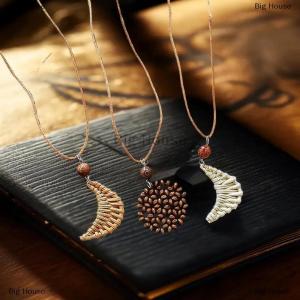 [COD] Big House Bohemian Handmade Wooden Straw Woven Heart Moon Long Pendant Necklaces Adjustable Rope Chain Chokers For Women Birthday Gift