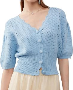 Womens Puff Short Sleeve Sweater  V  Button Collar Knitted Top Crochet Soft Knitwear