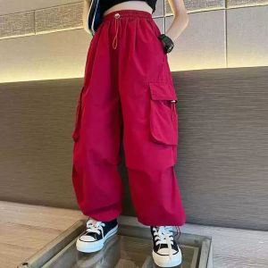 High Quality String Cargo Pants for Girls 3-14 Years Old New 4 Pockets Plain Solid Color Red Pants for Kids