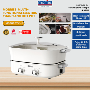 MORRIES Hot Pot Steamboat Pot Multi-functional Yuan Yang Hotpot ElectricDual Pot DesignEnjoy Stir Fry&Grill-MS8865YYHP