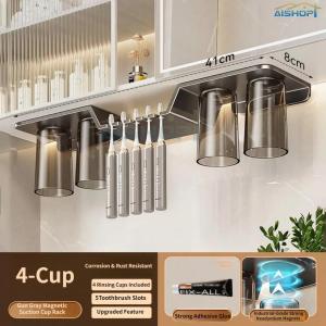 [SG Seller]No Drill Bathroom Organizer with 4 Cups & Toothbrush Holders Stainless Steel Shelf for Bathroom Accessories