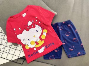 (22-38KG) Bộ thun coton  ngố lửng bé gái size đại hình in nét dễ thương (117)