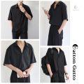 🔥Hatton Gutto Ready Stock🔥COD Men Casual Shirt Half Sleeve V Neck Buttons Up Loose Korean Men Style Fashion Shirts Plain Simple Basic Pure Color Shirt Men's Solid  Shirts Summer tops 衬衫男 上衣 男装 Men's Clothing. 