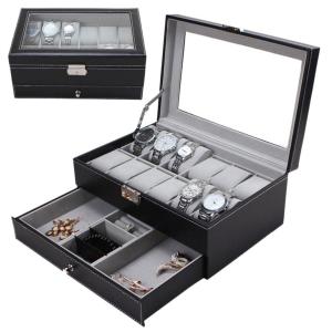 Double-Layered 12 Grids Slots PU Leather Watch Storage Box WB12
